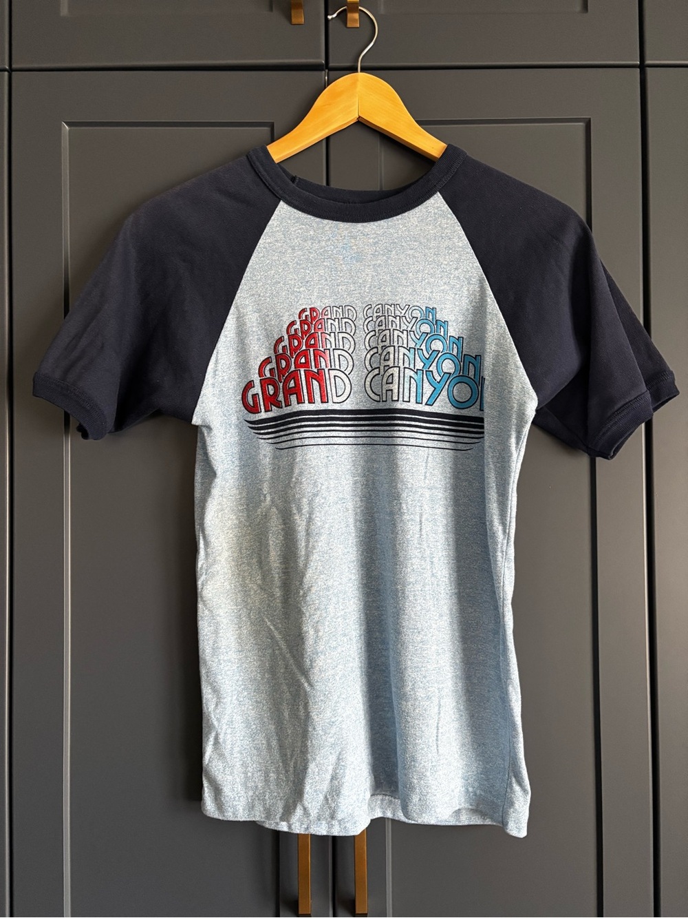 Grand Canyon Graphic Raglan Tee in Light Heather Blue & Navy